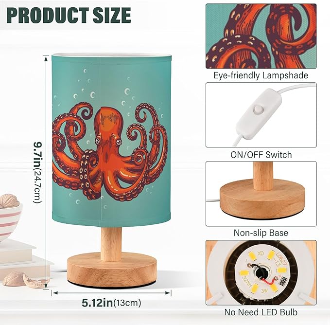 Table Lamp Retro Vintage Red Octopus Ocean Bubble on Blue Nightstand Lamp with Wood Base Fabric Lamp Shade Bedside Desk Lamp for Living Room Bedroom Kids Room Office - Bloomnest
