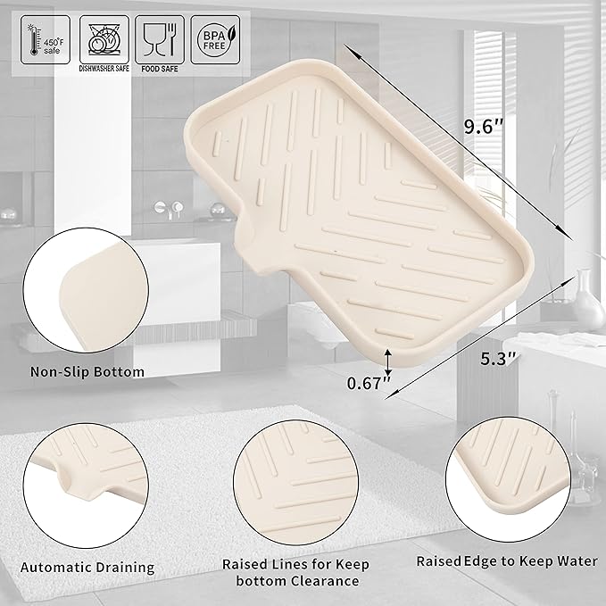 Silicone Bathroom Soap Dishes with Drain Spout-Bathroom and Kitchen Sink Organizer,Sponge Holder,Dish Soap Tray,Perfect for Dispenser,Scrubber,Bottle,Cup on Sink or Counter-Tapioca 9.6"×5.3" - Bloomnest
