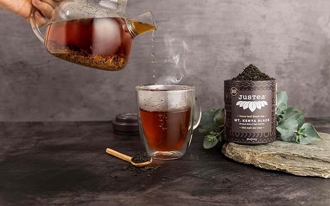JusTea MT. KENYA BLACK | Loose Leaf Black Tea | Tin with Hand Carved Tea Spoon | 40+ Cups (3.2oz) | High Caffeine | Award-Winning | Fair Trade | Non-GMO - Bloomnest