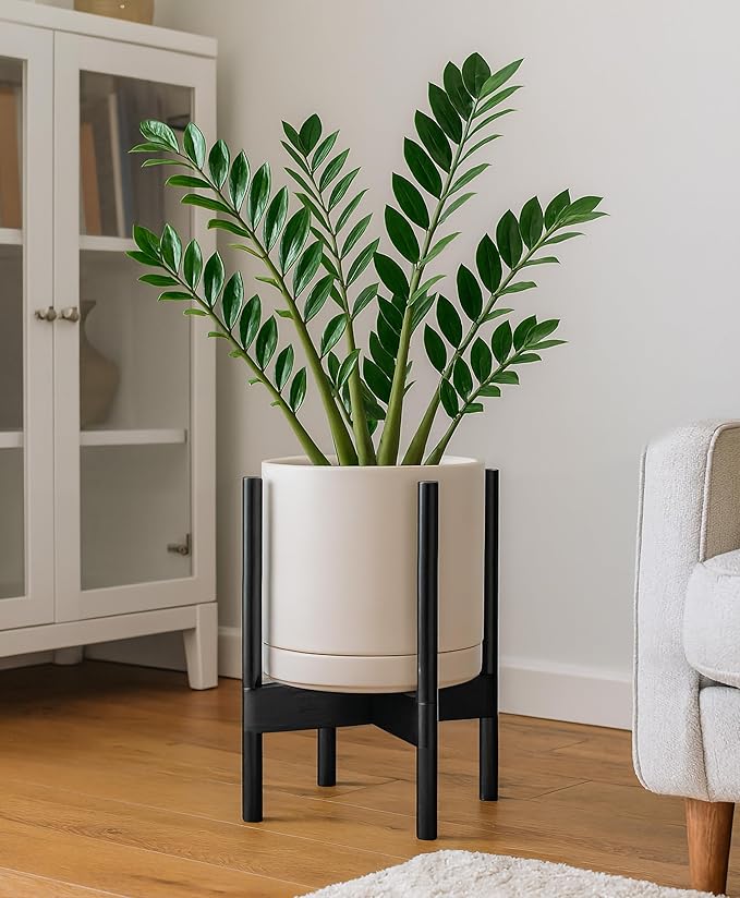 D'vine Dev Ceramic Planter with Ebony Stand - 10 Inch Modern Round Flower Pot with Wood Planter Holder, Oatmeal, 55-B-L-8 - Bloomnest