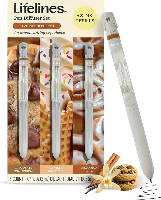 Lifelines Pen Diffuser Set, Favorite Desserts 3-Pack - 1mm Black Ballpoint Pens with Scented Essential Oil Blends – Aromatherapy Diffuser & Sensory Immersion Diffuse Aroma As You Write - Bloomnest