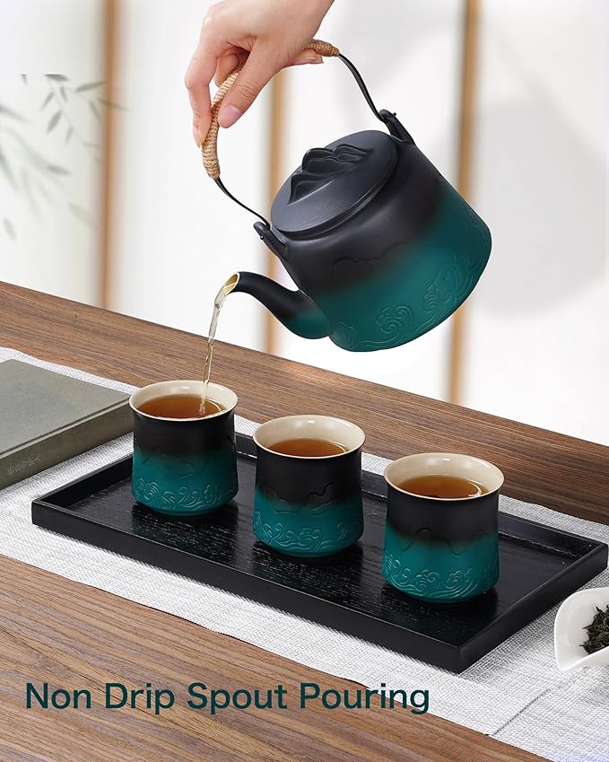ZENS Vintage Japanese Tea Set, Gradient Embossed Ceramic Japanese Teapot with 4 Teacups, Hemp Rope Handle 33.8 oz Loose Leaf Teapot with Built-in Strainer for Tea Steeper Gifts, Black & Green - Bloomnest