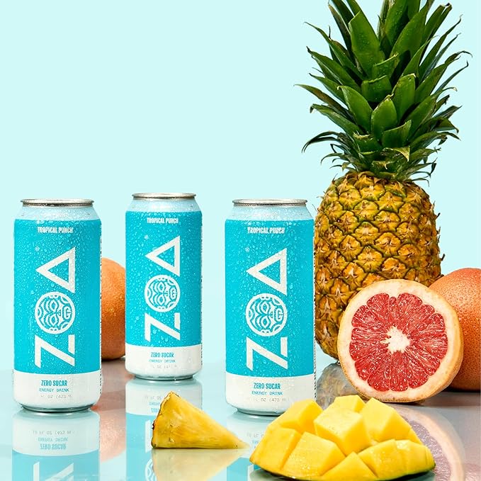 ZOA Zero Sugar Energy Drinks, Tropical Punch - Sugar Free with Electrolytes, Healthy Vitamin C, Amino Acids, Essential B-Vitamins, and Caffeine from Green Tea - 16 Fl Oz (12-Pack) - Bloomnest