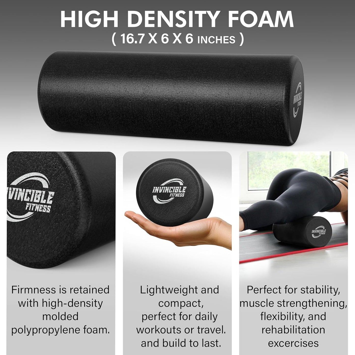 Invincible Fitness 17'' EPP Foam Roller for Deep Tissue Massage – Enhance Recovery, Relieve Pain, and Boost Mobility for a Stronger, Healthier You (Black)