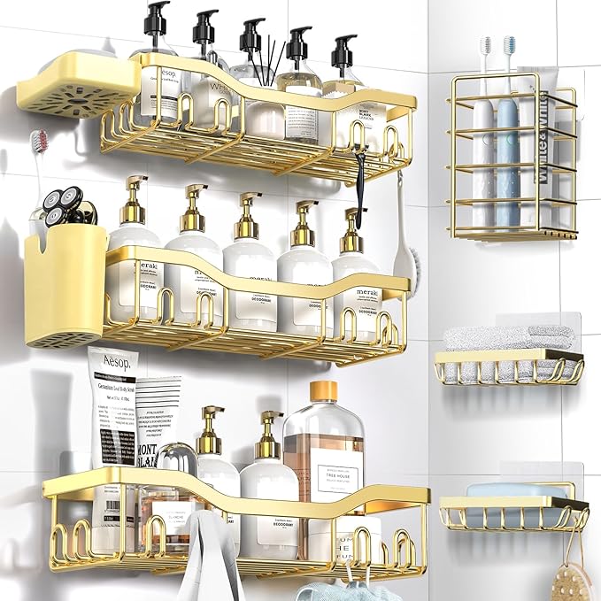 Shower Caddy Adhesive Shower Organizer 8-Pack, Rustproof Stainless Steel Bathroom Shelves, Large Capacity No-Drill Rack Storage Accessories with Soap Dish Toothbrush Holder Hooks - Bloomnest