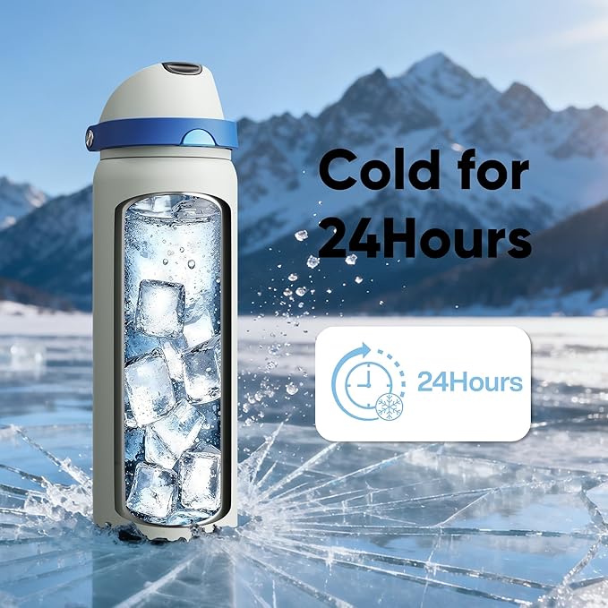 Insulated Water Bottle with Straw - Encool Stainless Steel Water Bottle with Push Button Lid, Leak-Proof & BPA-Free, Keeps Cold for 24 Hours for Sports, Travel, Gym (32 oz, Quill Grey-Blue) ENCOOL