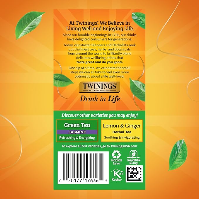 Twinings Pure Green Tea Individually Wrapped Bags, 20 Count (Pack of 6), Smooth Flavour, Enticing Aroma, Caffeinated, Enjoy Hot or Iced, 120 Teabags - Bloomnest