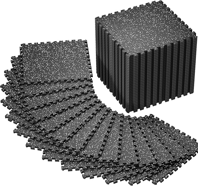 SUPERJARE 0.56'' Thick 48 Pcs 192 Sq Ft Rubber Top Exercise Equipment Mats, High Density EVA Foam Mats with Rubber Top, Interlocking Gym Flooring for Home Gym, Protective Workout Mat, Black/Grey - Bloomnest
