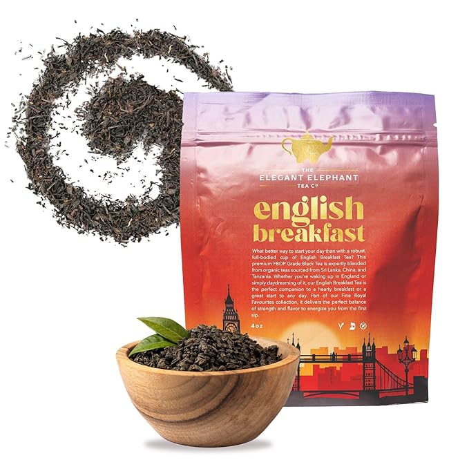 English Breakfast Tea, Organic Loose Leaf Black Tea – Robust, Full-Bodied, Classic Blend – Drink Hot or Iced – 4 oz Resealable Bag (Makes 50 Cups) – The Elegant Elephant - Bloomnest