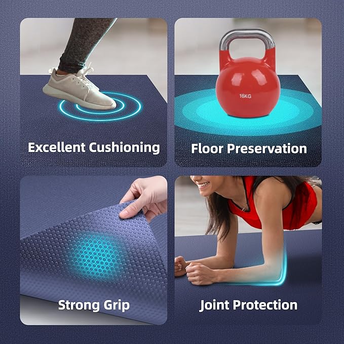 Large Exercise Mat for Home Workout,12‘x6’/10'x6'/9'x6'/8'x6'/7'x5'/6'x4' (7mm) Extra Thick Workout Mat, High-Density Gym Mat for Cardio, Jump Rope, MMA, Weights (Shoe-Friendly) - Bloomnest