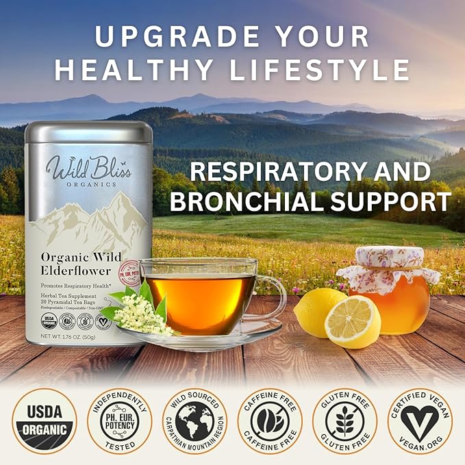 Wild Bliss Organic Elderflower Herbal Tea - Caffeine Free Elder Flowers Tisane - Pharmacopoeia Potency - 20 Plant Based Tea Bags - Bloomnest