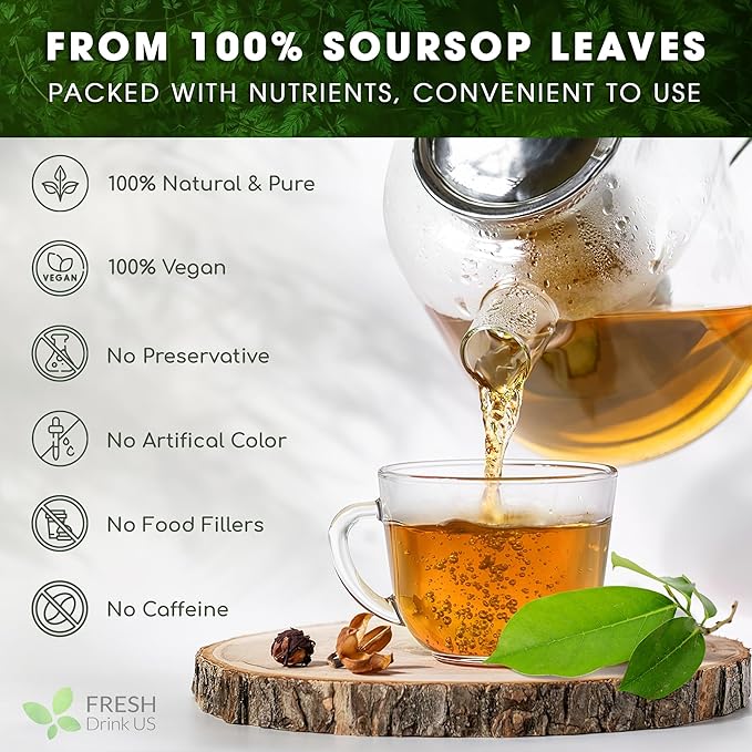 FreshDrinkUS, Premium 75 Soursop Graviola Leaf Tea Bags, 100% Natural and Pure from Soursop Leaves, Handmade, Made With Natural Materials-Corn Fiber Tea Bag, Sugar/ Caffeine/ Gluten Free, Hoja Guanabana Tea - Bloomnest