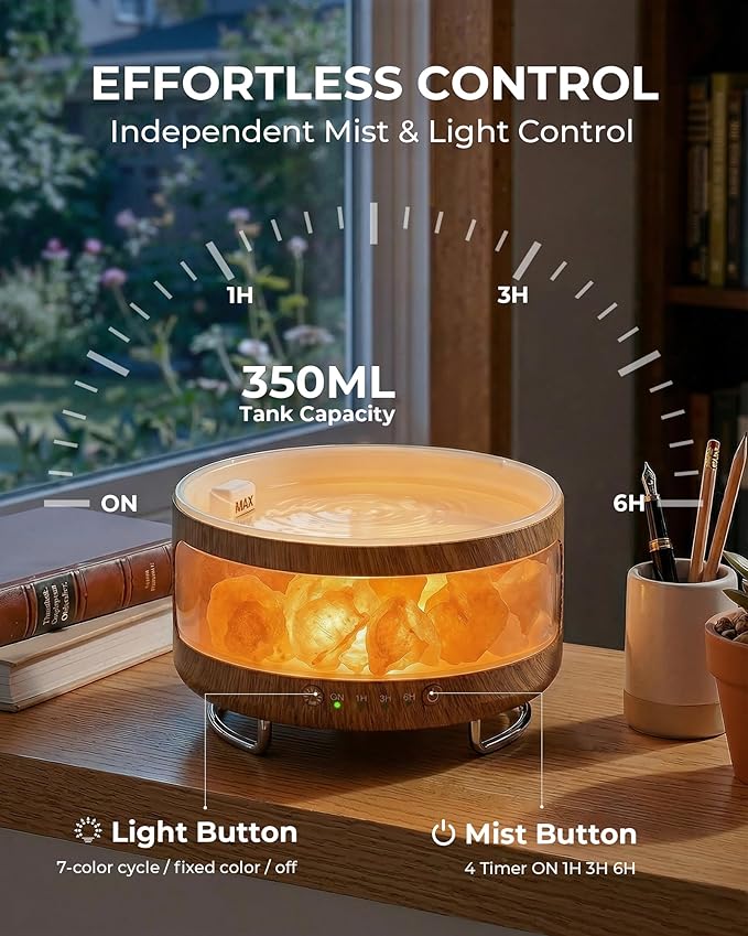 Essential Oil Diffuser with Himalayan Salt Lamp, 350ml Ultrasonic Aromatherapy Humidifier, 7 Colors LED Light, Timer & Auto Shut-Off for Home Bedroom Office Spa Yoga Bloomnest