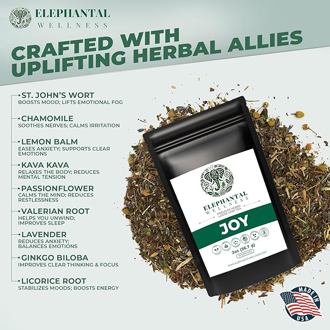 Elephantal Wellness Premium Joy Herbal Tea | Mood & Emotional Balance Support with St. John’s Wort, Kava, Ginkgo & Lavender | Handmade, Non-GMO, Caffeine-Free Loose Leaf Blend, 2oz, 20 Servings - Bloomnest