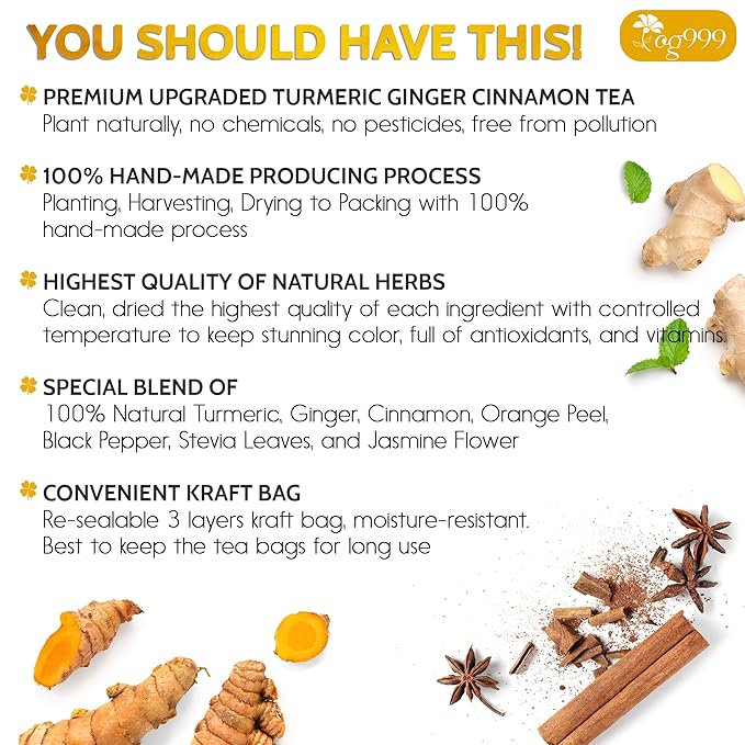 TOG999, 30 Bags Premium Turmeric Ginger Cinnamon Tea. Upgraded Version. Improve Digestion, Support Brain, Weight, Skin and Sleep. Eco-Conscious Tea Bags. No Sugar, No Caffeine, No Gluten, Vegan. - Bloomnest