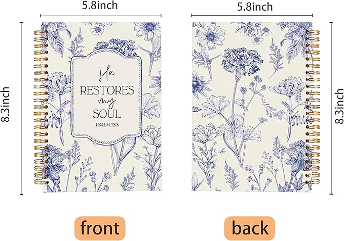 Christian Notebook for Women, Christian Art Gifts Journal, Prayer Journal for Women, Bible Journaling Notebook, PSALM 23:3 He Restores My Soul Floral Spiral Notebook 5.5x8.3 - Bloomnest