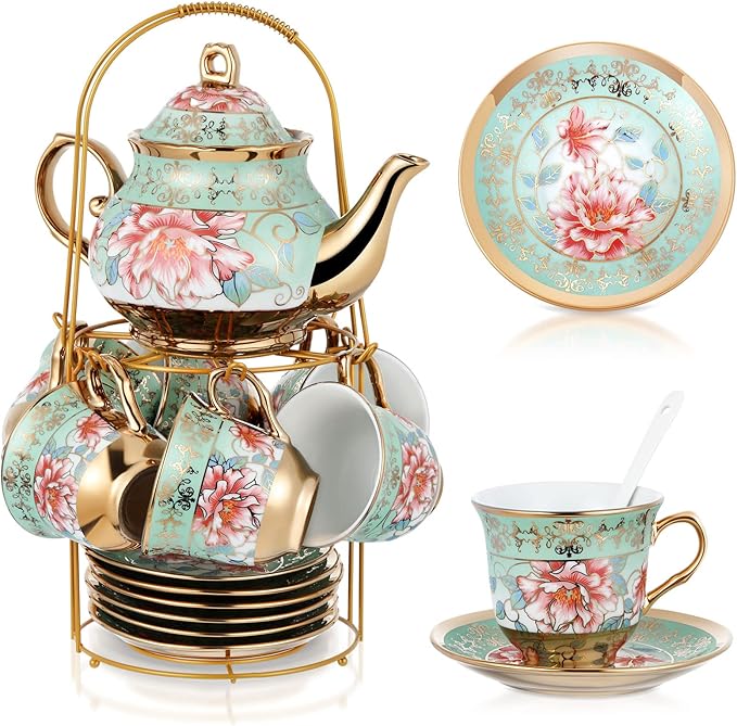 Zhehao 20 Pcs Porcelain Tea Set with Metal Holder and Spoon Adult Ceramic Tea Set European Flower Painting Teapot Cup Saucer Spoon for Women, Large Version(Fresh Style) - Bloomnest
