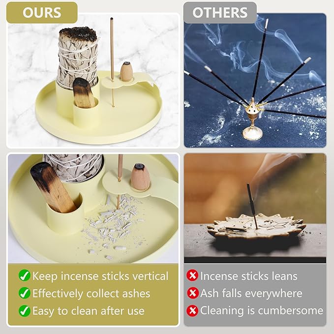 Multifunction Incense Holder, Sage Burner Holder, Palo Santo Holder Burner, 5.47" Ash Catch Tray, Smudge Stick Holder with Handle for Incense Sticks Incense Cone Candle, Yoga Meditation and Room Decor HOCUROAY