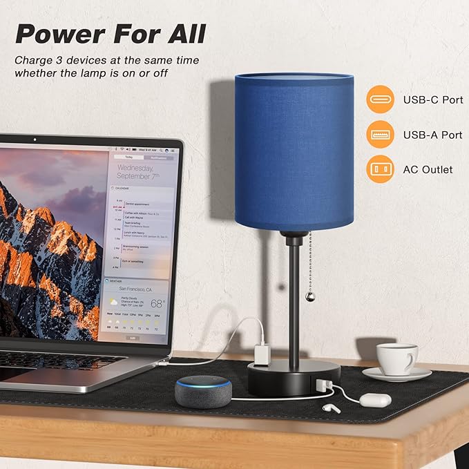 Blue Table Lamps 3 Color Temperatures - 3000K 4000K 5000K Bedside Lamps with USB C and A Ports, Pull Chain Lamps for Bedrooms with AC Outlet, Nightstand Lamps with Black Metal Base for Kids Boys - Bloomnest