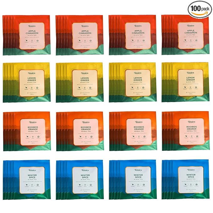 Teaniru, Black Tea Collection - Box of 100 Pyramid Tea Bags, Individual Sachets | 4 Flavors - Apple Cinnamon, Lemon Ginger, Rooibos Orange & Winter Spice | 100% Natural Ingredients - Brew Hot or Cold - Bloomnest
