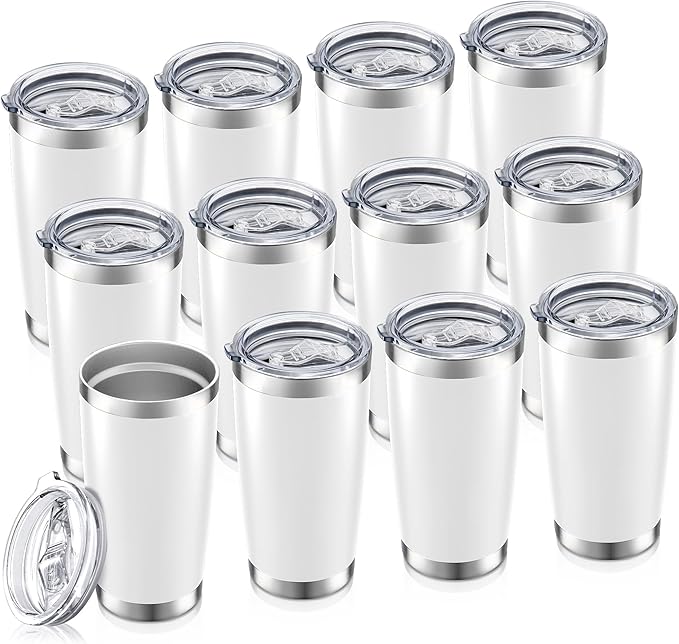 20 oz Tumbler Bulk with Lid Stainless Steel Insulated Tumblers Double Wall Vacuum Coffee Mug Powder Coated Tumbler Cups for Cold and Hot Drinks, White, 12 pack