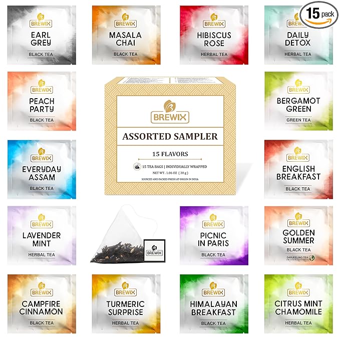 BREWIX Premium Assorted Tea Sampler Gift Box (15 Pyramid Individually Wrapped Tea Bags) | Herbal Tea, Black Tea, Green Tea | Tea Gift Set & Variety Pack | Gifts for Women & Men, Tea Set - Bloomnest