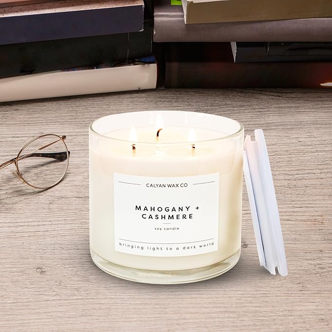 Calyan Wax Co. Mahogany & Cashmere 3 Wick Scented Candle - 43 Hour Burn - Luxury 3 Wick Soy Candles - Non Toxic Soy Wax Candles - Long Lasting Large Glass Jar Candle for Home - 14.9oz - Bloomnest