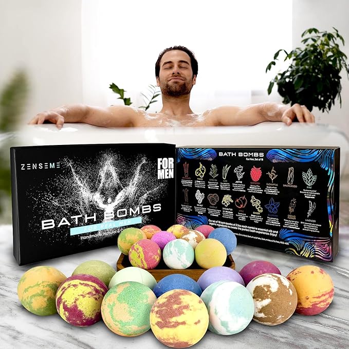 Bath Bombs for Men, Gift Set of 18 Scented Organic Handmade Bath Bombs of 2.5 oz with Natural Essential Oils. Perfect for Boyfriend, Husband, Father or Friend, by ZenseMe - Bloomnest