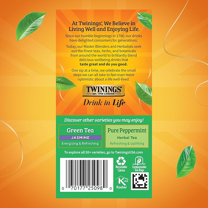 Twinings Green Tea with Mint Individually Wrapped Bags, 20 Count (Pack of 6), Invigorating Aroma, Caffeinated, Enjoy Hot or Iced, 120 Teabags - Bloomnest