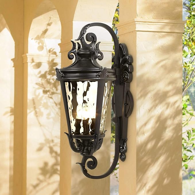 John Timberland Marseille Rustic Vintage Outdoor Wall Light Fixture Textured Black Scroll 27 1/2" Hammered Glass for Exterior House Porch Patio Outside Deck Garage Yard Front Door Garden Home - Bloomnest