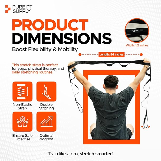 Pure PT Stretching Strap – Physical Therapist-Approved yoga straps for stretching | Premium Stretch Strap with 10 Loops for Yoga, Rehab, Injury Recovery & Flexibility, Expert Workouts Included - Bloomnest