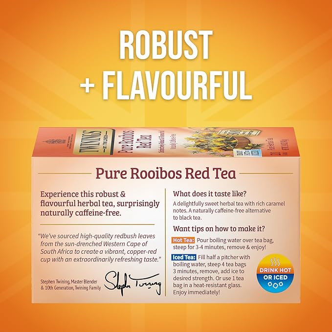 Twinings Pure Rooibos Red Herbal Tea Individually Wrapped Bags, 20 Count (Pack of 6), Sweet with Uplifting Aroma, Naturally Caffeine-Free, Enjoy Hot or Iced, 120 Teabags - Bloomnest