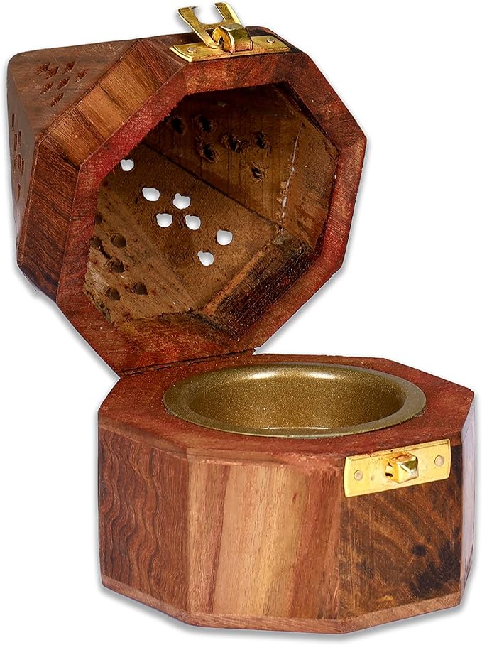 Bless-International Traditional-Handmade-Burner Wooden-Incense-Stick-Holder Ash-Catcher-Stand for-Aromatherapy-Meditation-Yoga (5 Inch Octa Temple Wooden Charcoal/Cone) - Bloomnest