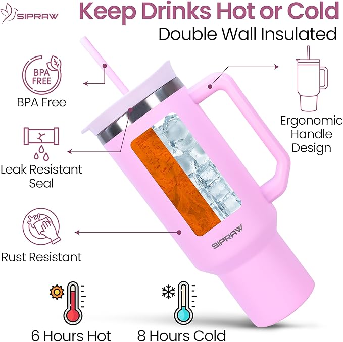 Tumbler with Handle, Insulated Tumbler with Lid and Straw, Stainless Steel Travel Coffee Mug, Cup Holder Friendly, Perfect for Camping, Travelling & Gifting, 40oz, Pink - Bloomnest