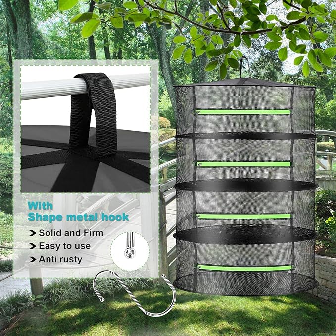 2ft Herb Drying Rack Net Mesh with Green Zippers Hydroponics,Bonus Hook Drying Rack Herbs for Plant Bud Seed, Mesh Hanging Plant Dry,Herb Dry Net for Garden (8 Layer, Zipper Style) - Bloomnest