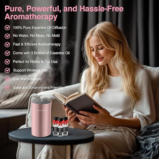 Waterless Essential Oil Diffuser Starter Kit - No Water Needed, Battery Operated Mini Scent Air Machine, Included 3x20ML Essential Oils, Portable Aromatherapy Diffuser for Home & Car & Office, Pink - Bloomnest