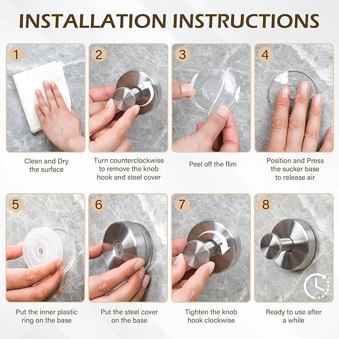 Shower Suction Cup Hooks, Heavy Duty Bathroom Wall Hooks for Towels, Robes, Loofahs, Removable Metal Hook for Tile Glass Mirror, No Drill(4 Pack, Silver) - Bloomnest