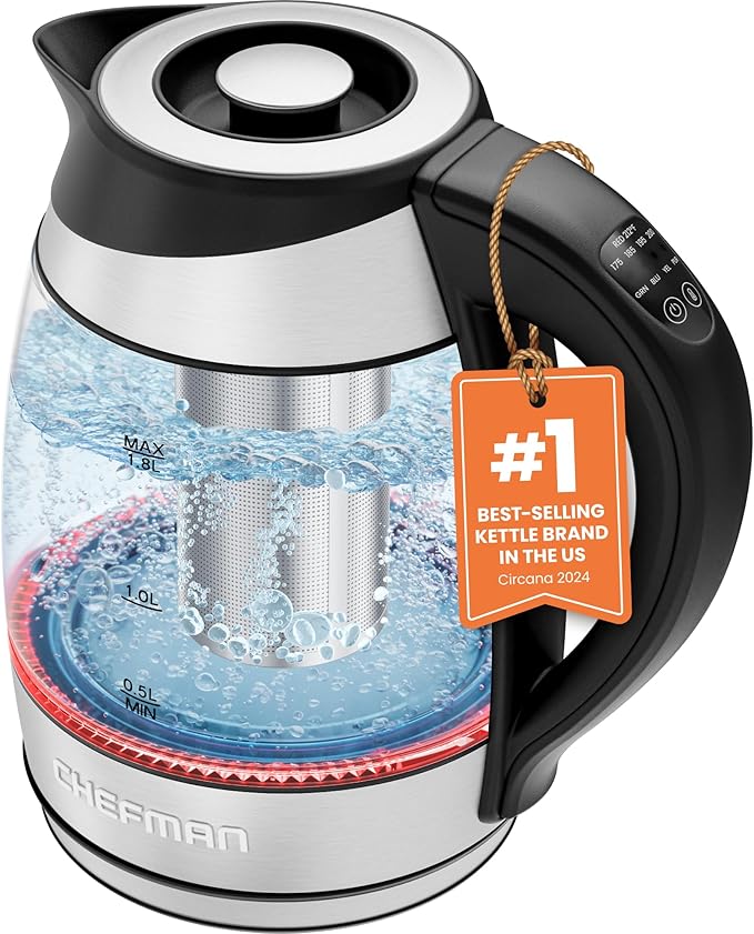 Chefman Electric Kettle with Temperature Control, 5 Presets LED Indicator Lights, Removable Tea Infuser, Glass Tea Kettle & Hot Water Boiler, 360° Swivel Base, BPA Free, Stainless Steel, 1.8 Liters - Bloomnest