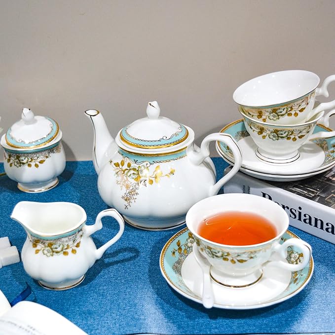 Bone China Tea Set, 21-Pieces Porcelain Tea Set for Adults, Tea Cups And Saucers for 6, with Teapot, Spoons, Sugar Bowl, Creamer Pitcher, Vintage Tea Set for Women Tea Party (Green) - Bloomnest