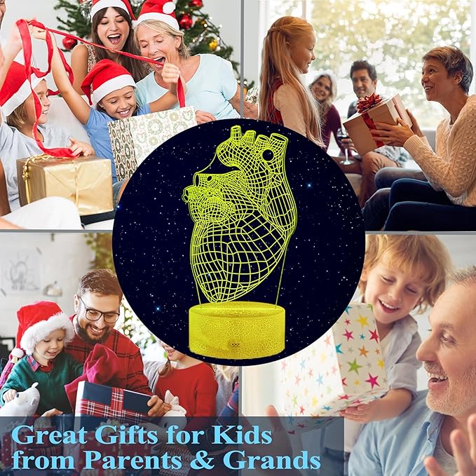Heart Anatomy Illusion Lamp, Cardiology Gifts, 3D Night Light, 16 Colors Changing, Timer, 4 Flash Modes and Dimmable, Kids Room Decoration, Xmas Heart Model Gifts - Bloomnest