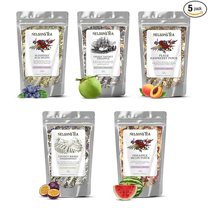Nelson's Tea Tropical Samplers- 5 Flavors Pack - Blueberry Acai Mojito 1.6 Oz, Cherry Coconut Pineapple 2oz, Coconut Mango Passionfruit 2 Oz, Peach Raspberry Punch 2 Oz, Pineapple Melon Punch 1.1 Oz - Bloomnest