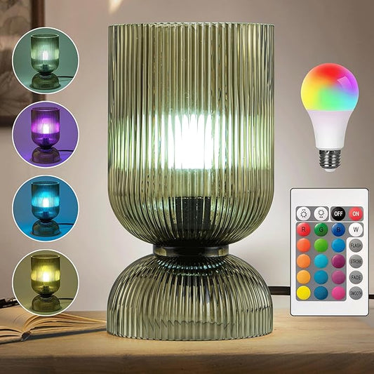 Modern RGB Glass Table Lamp with Remote，Color Changing Bedside Lamp with Green Glass Shade, 16 Colors, On/Off Cord Switch, Nightstand Lamp for Bedroom, Living Room, Office,Bulb Included - Bloomnest