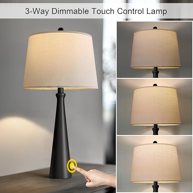 Oneach 25.75" Table Lamps for Living Room, Bedside Lamp 3-Way Dimmable Touch Control, Modern Black Nightstand Lamp with Fabric Shade, Vintage Table Lamp for Bedroom, Bulb Included - Bloomnest