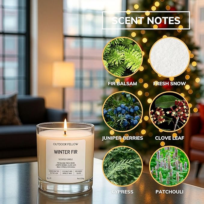 Outdoor Fellow Winter Fir Candle | Luxury Scented Candle with Coconut & Apricot Wax Blend | Fir, Juniper & Cypress Notes | 40+ Hour Burn Time | Cozy Fragrance for Home (8oz) - Bloomnest