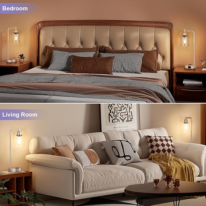 Industrial Touch Table Lamps for Bedrooms Set of 2 - 3-Way Dimmable Lamps with USB C+A Ports and Outlet, Champagne Gold Bedside Lamps with Clear Glass Shade for Living Room, Desk Lamps for Home Office - Bloomnest