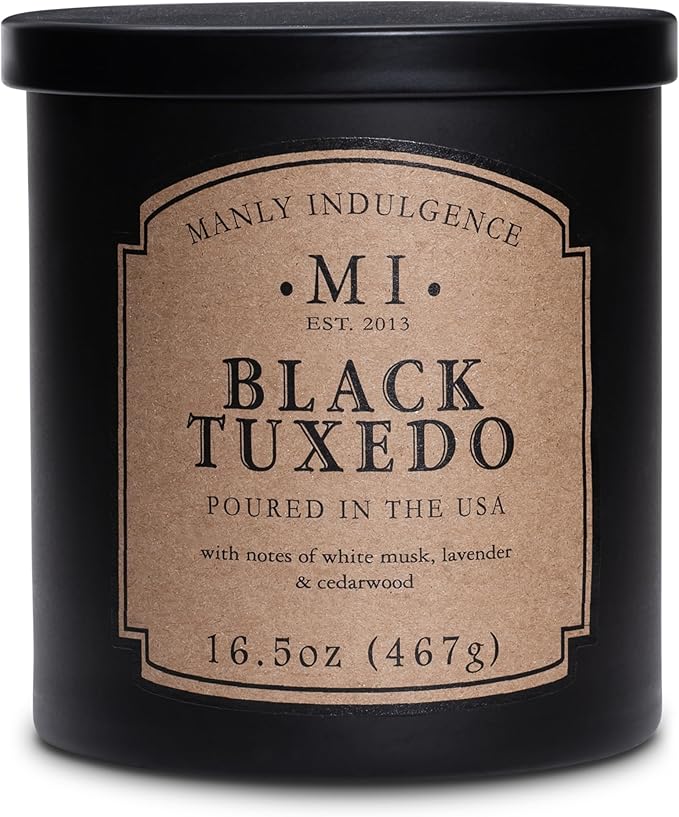 Manly Indulgence Black Tuxedo Jar Candle 16.5 oz - White Musk, Lavender, Cedarwood, Jasmine & Earthy Orris - Up to 60 Hour Burn - Soy Blend Wax, USA Poured - Bloomnest
