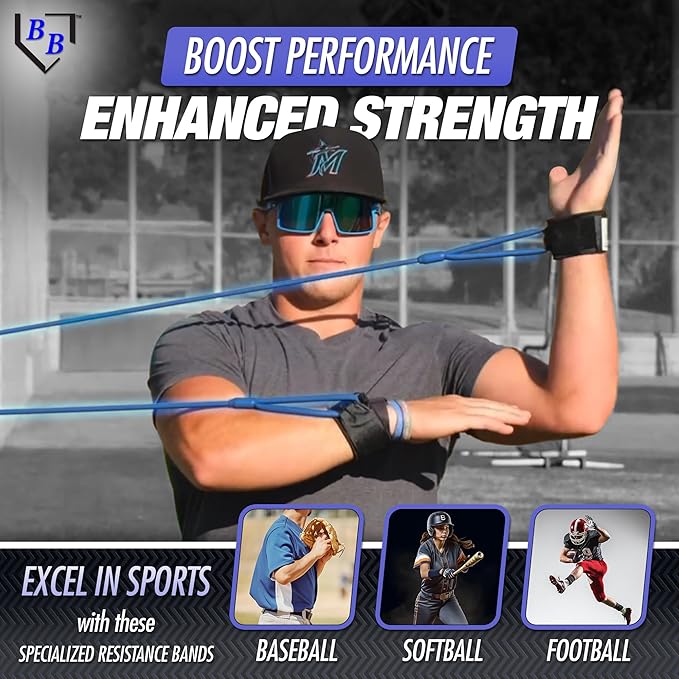 BB Bands Baseball Softball Resistance Training Bands - Arm Strength, Pitching Conditioning Equipment, 3 Strengths (Youth, Adult, Heavy), 7 Colors, Includes Anchor Strap, Door Mount, Bag, Workout Guide - Bloomnest
