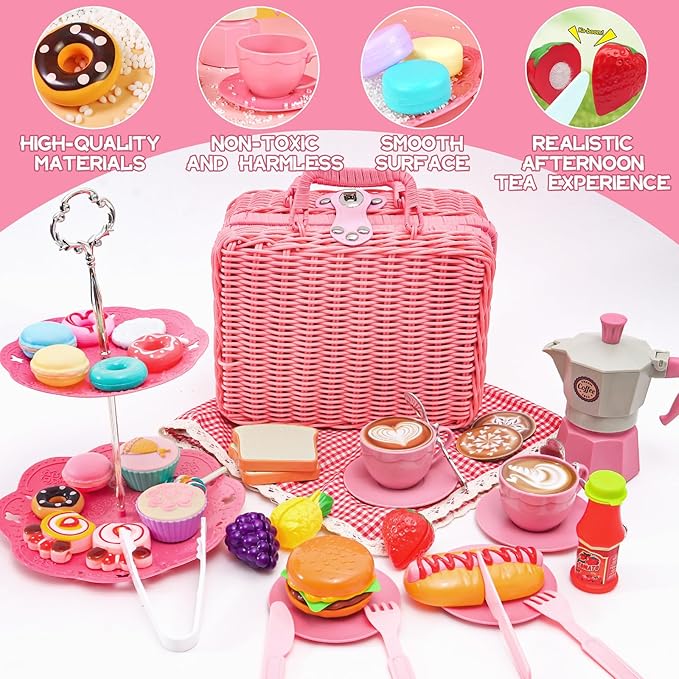 Pink Pretend Afternoon Tea Party Set with Storage Basket, Play Food & Accessories for Girls, Tea Party Set for Toddlers Indoor Outdoor Pretend Play, Kids Picnic Basket Toy Gift for Ages 3-8 - Bloomnest