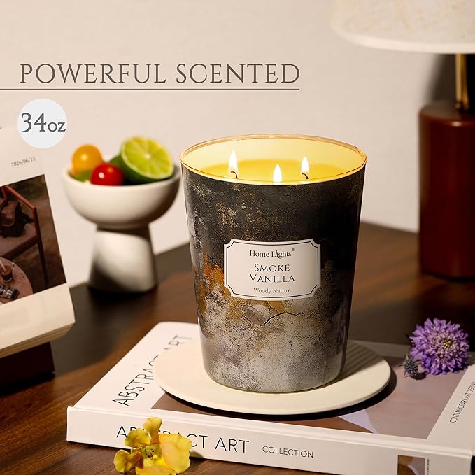 HomeLights Large jar Candle | 3-Wick Long-Lasting Scented Candles, 34oz Natural Soy Wax Candle for Home Scented, Industrial Chic Gifts for Women & Men, Smoke Vanilla - Bloomnest