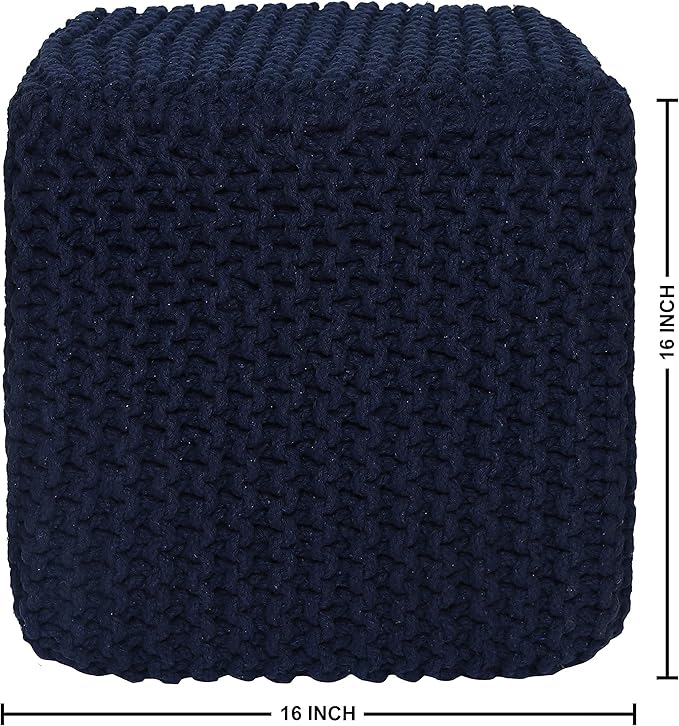 REDEARTH Square Hand Knitted Pouf - Foot Stool Ottoman Coffee Table - Cotton Cord Boho Pouffe - Poof Accent Footrest for Living Room - Bedroom - Library (16" x 16" x 16") - Navy Blue - Bloomnest